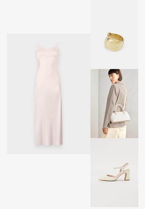 Világos rózsaszín selyem szatén hálóruha vékony állítható pántokkal, testhezálló felső résszel és egyenes sziluettel, térd alá érve. Sima textúrájú, minta nélkül.; Hegyes orrú, krémszínű magassarkú cipő, tömbsarkúval. Jellemzője egy vékony bokaheveder kerek csattal és sima bőrszerkezet.; Fehér, strukturált kézitáska rövid füllel és vállpánttal, arany színű fém kiegészítőkkel és texturált anyagból, szürke háttér előtt bemutatva.; Aranyszínű gyűrű sima, csavarodott mintával. Polírozott felülettel és lekerekített élekkel rendelkezik, ami zökkenőmentes, folyékony formát kölcsönöz neki.