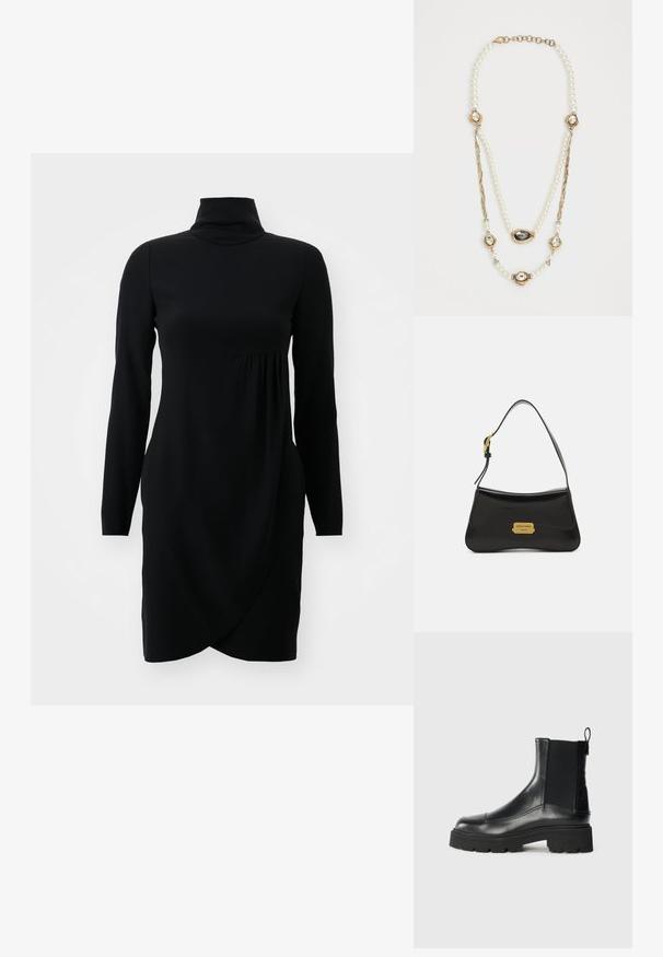 Musthave musta pikkade varrukatega kleit kõrge kaelusega, millel on drapeeritud eesosa ja kaunis siluett. Valmistatud siledast, venivast kangast.; Mustad mustad nahast pahkluu saapad elastsete külgpaneelidega, ümar varvas ja paks kummist tald, millel on tekstuuriga tread parema haarde saavutamiseks.; Musthave nahkakott, millel on kaarjas disain, kuldne logoplaat ja peen õlavarre rihm. Sile tekstuur ja elegantne viimistlus.; Teemantidega kaunistatud pärlikee, millel on kuldsed aktsendid, kolm kivi-dekoratsiooniga posti ja kudumisega osa. Värvipalett sisaldab valget ja kuldset.