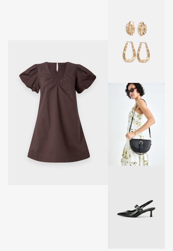Hnedé bavlnené šaty s V-výstrihom, balónovými rukávmi a otvorom v zadnej časti. Hladká textúra, A-línia, dĺžka po kolená.; Čierne patentové kožené sandále na podpätku so špicatou špičkou a malým blokovým podpätkom, s dekoratívnou striebornou sponou na remienku.; Čierna kožená kabelka s zaobleným tvarom, odnímateľným popruhom a zlatými doplnkami. Kabelka má klopu s detailom s prackou.; Náušnice v zlatej farbe s textúrovanými, vlnitými tvarmi. Obsahujú sochárske klipsové náušnice a otvorený tvar krúžku s kladivkovým povrchom.