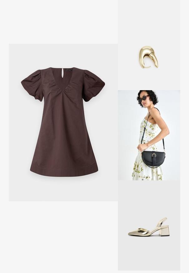 Brūns kokvilnas kleitas ar V veida kakla izgriezumu, puff piedurknēm un caurumu detaļu aizmugurē. Gluda tekstūra, A formas siluets, līdz ceļgaliem.; Zeltaini, metāla kurpes ar siksniņām, norakans purngalis un masīla papēdis. Gluda tekstūra, minimālisma dizains un šaura siksna.; Melnas ādas rokassoma ar izliekta formu, noņemamu siksnu un zelta aksesuāriem. Somai ir vāciņš ar sprādzes detaļu.; Zeltīti metāla auskari ar gludu, izliekta dizaina. Ar atšķirīgu smailu formu, pulētu virsmu un eņģu aizdari.