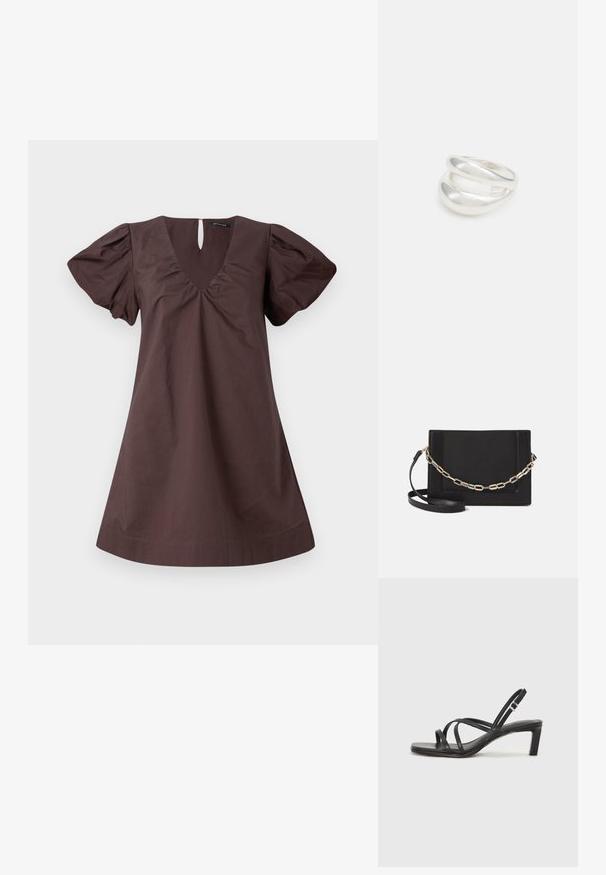 Pruun puuvillane kleit V-kaelusega, puffvarrukatega ja võtmeaugu detailiga seljaosas. Sile tekstuur, A-linja kuju, põlve pikkus.; Mustast rihmajalatsid ruudukujulise varba ja madala ploki kontsaga. Omab mitmeid õhukesi rihmasid ja reguleeritavat pahkluu rihma. Valmistatud siledast nahast.; Mustast nahast õlakott, mis omab siledat tekstuuri, ristküliku kuju ning esiküljel metallketi detaili. Reguleeritav rihm on kaasas.; Hõbedane kahekordne rõngas sujuva, poleeritud pinnaga. Omab voolavat, kõverat disaini, millel on kattuvad sektsioonid, et saavutada kaasaegne ilme.