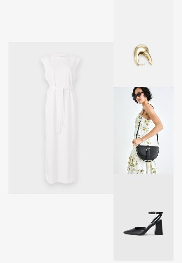 Balta bez piedurknēm maksi kleita ar jostu viduklī, ar mīkstu tekstūru un taisnu siluetu. Vienkāršs dizains bez rakumiem.; Melna ādas augstpapēžu kurpe ar norakstīto purngala formu, potītes siksniņu un masīlu papēdi. Gluda tekstūra, elegants dizains un minimālisma estētika.; Melnas ādas rokassoma ar izliekta formu, noņemamu siksnu un zelta aksesuāriem. Somai ir vāciņš ar sprādzes detaļu.; Zeltīti metāla auskari ar gludu, izliekta dizaina. Ar atšķirīgu smailu formu, pulētu virsmu un eņģu aizdari.