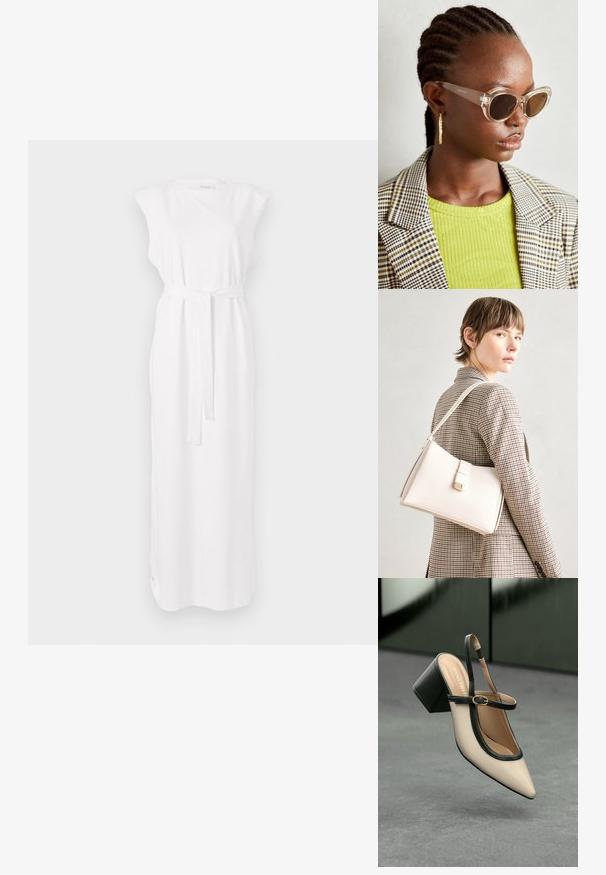 Vestido maxi branco, sem mangas, com uma cintura cingida por um cinto, apresentando uma textura suave e uma silhueta reta. Design simples, sem padrões.; Sandal de biqueira pontuda em bege com acabamento preto, fivela dourada e um salto bloco sólido, em um chão cinza com fundo verde escuro.; Óculos de sol estilo cat-eye claros com lentes castanhas e armação transparente. Modelo a usar uma blusa verde com nervuras e um blazer de tecido xadrez. Brincos em forma de argola dourados.; Bolsa de mão em couro branco com um design estruturado, apresentando um fecho magnético e uma alça de ombro, exibida sobre um fundo neutro.