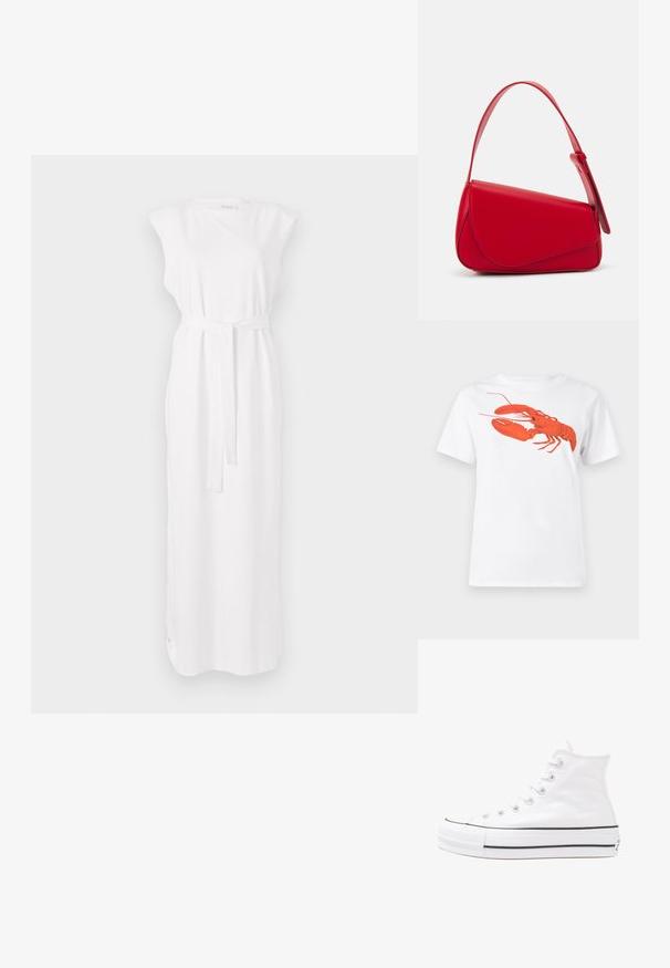 Balta bez piedurknēm maksi kleita ar jostu viduklī, ar mīkstu tekstūru un taisnu siluetu. Vienkāršs dizains bez rakumiem.; Balta kokvilnas T-krekls ar lielu, spilgti sarkanu omāru grafiku uz priekšu. Īsas piedurknes un standarta apļveida kakla dizains.; Balti augstie kanvas sporta apavi ar melnu gumijas zoli, priekšējo gumijas purngalu un sešām acīm lencēm, kuriem ir tīrs, minimālistisks dizains.; Sarkans ādas rokassomi ar stūrainu, ģeometrisku dizainu. Iekļauj vienu regulējamu siksnu un vāku ar izšūtu detaļu.