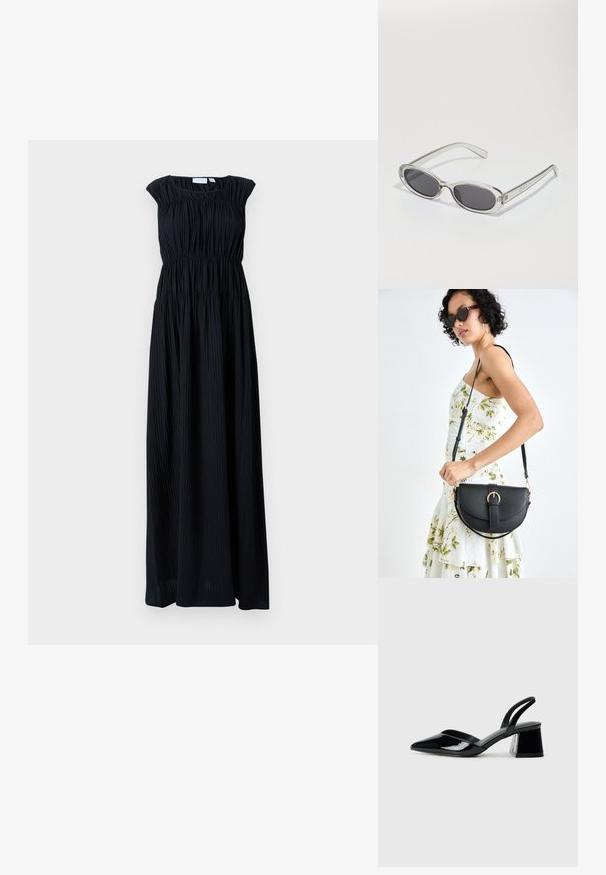 Vestido maxi preto com decote redondo, costuras dos ombros franzidas e pregas verticais. Tecido leve com uma silhueta fluida.; Sandy em verniz preto com salto slingback, ponta afilada e salto geométrico. Apresenta um design elegante e minimalista com textura suave.; Óculos de sol com formato oval, armação de plástico transparente, lentes cinza-escuro e hastes finas transparentes com detalhes do logótipo e um design minimalista.; Bolsa de couro preta com forma curva, alça destacável e detalhes em dourado. A bolsa possui uma aba com detalhe de fivela.