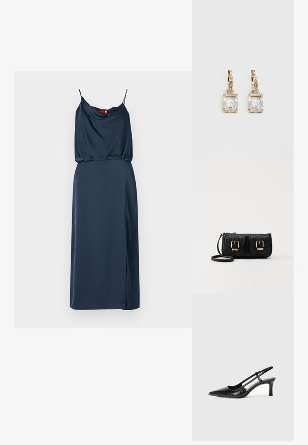 Satinová námorníckomodrá šaty s tenkými ramienkami, drapovaným korzetom a bočným rozparkom. Hladká textúra, priliehavý strih a jemný lesk.; Čierne patentové slingback topánky na ihlovom podpätku s špicatou špičkou, s textúrovaným hadím vzorom, nastaviteľným popruhom a krátkym, textúrovaným blokovým podpätkom.; Čierna kožená crossbody taška s dvoma prednými vreckami, zlatými sponami, zipsovým uzatváraním a úzkym popruhom. Štruktúrovaný povrch a kompaktný obdĺžnikový tvar.; Náušnice v zlatej farbe, ktoré majú obdĺžnikový, transparentný kryštál visiaci pod radom malých, guľatých, čírych akcentov. Elegantný, moderný dizajn.
