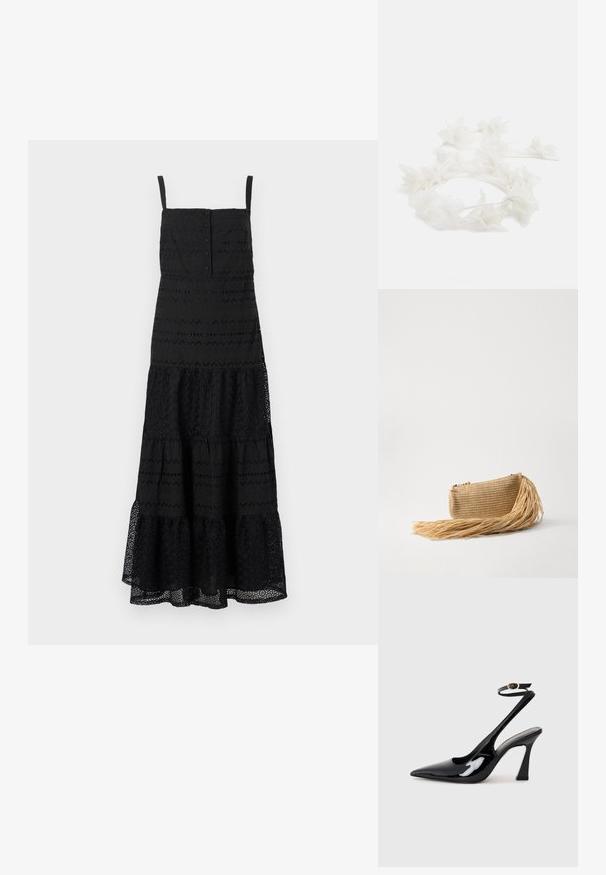 Čierne midi šaty vyrobené z textúrovanej tkaniny. Majú tenké ramienka, zapínanie na gombíky na živote a vrstvený, volánkový lem s precízne zloženými vzormi.; Čierne lakované kožené lodičky na podpätku s špicatou špičkou, nastaviteľným popruhom okolo členka a stredne vysokým blokovým podpätkom. Hladký povrch s lesklým finišom.; Cult Gaia VIERA - Listová kabelka - natural; Kvetinový čelenka vyrobená z bielych lupienkov s tenkým, flexibilným pásom. Lupienky sú mäkké a ľahké, čo vytvára jemný, vrstvený vzhľad.