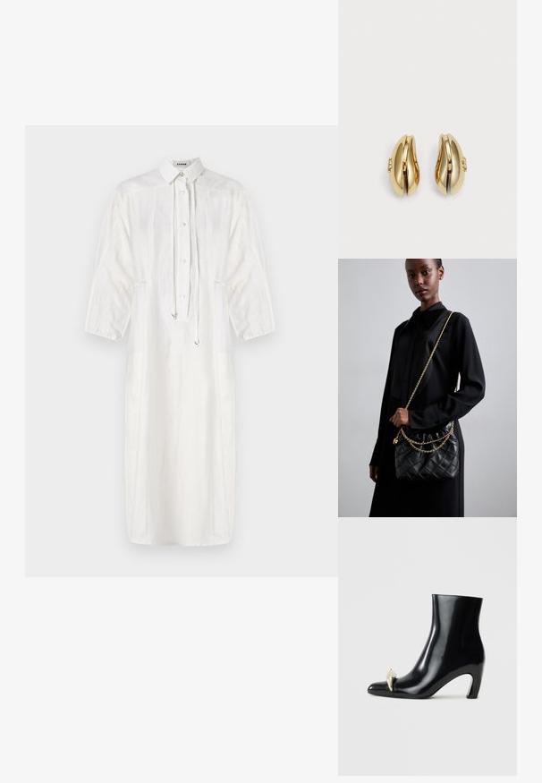 Fehér vászonruha nyakkivágással, gombos elülső résszel és húzózsinóros részletekkel. Hosszú ujjak és laza, midi hosszú sziluett jellemzi.; Fekete bokacsizma fényes bőrből, hegyes orral és díszes arany- és ezüstszínű részlettel az elején. Tömör sarok kialakítás.; Fekete steppelt bőr kézitáska gyűrt toppal, arany lánc vállpánttal és téglalap alakú formával, egyszerű háttér előtt tartva.; Aranyszínű fülbevalók, amelyek áramló, ívelt formájúak. Minden fülbevaló sima felülettel és egy kis kapoccsal rendelkezik, amely dekoratív részletet tartalmaz.