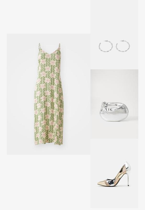 Grünes ärmelloses Kleid mit floralem Muster in Pink, ausgestattet mit einem V-Ausschnitt und einer luftigen Silhouette. Hergestellt aus leichtem Stoff.; Spitz zulaufender High-Heel-Schuh in einer Farbgestaltung aus Silber, Gold und Nude. Glänzende Oberfläche mit Ausschnittdesign und stiletto Absatz.; Silberne metallic Pouch-Tasche mit einer sanften, abgerundeten Form und einem geknoteten Verschluss oben. Hergestellt aus glattem Kunstleder.; Silberne Creolen mit gedrehter Gestaltung, ausgestattet mit einer polierten Oberfläche und einer Steckverschluss. Sie haben einen Durchmesser von ca. 3 cm.