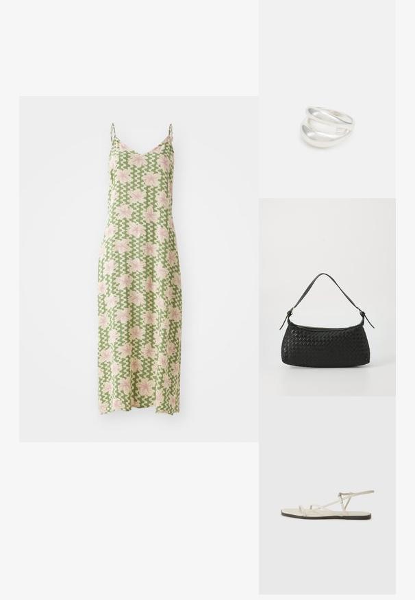Zielona sukienka bez rękawów w różowy kwiatowy wzór, z dekoltem w serek i zwiewną sylwetką. Wykonana z lekkiego materiału.; Beżowe płaskie sandały z wieloma cienkimi paskami i regulowanym zapięciem. Podeszwa jest płaska z delikatnym ciemnym kontrastem na krawędzi.; Czarna, pleciona torba na ramię z gładkim skórzanym paskiem i zapięciem na zamek. Charakteryzuje się teksturowaną powierzchnią i zakrzywionym kształtem.; Srebrna obrączka podwójna z gładką, polerowaną powierzchnią. Posiada płynny, zakrzywiony kształt z nakładającymi się sekcjami, co nadaje nowoczesny wygląd.