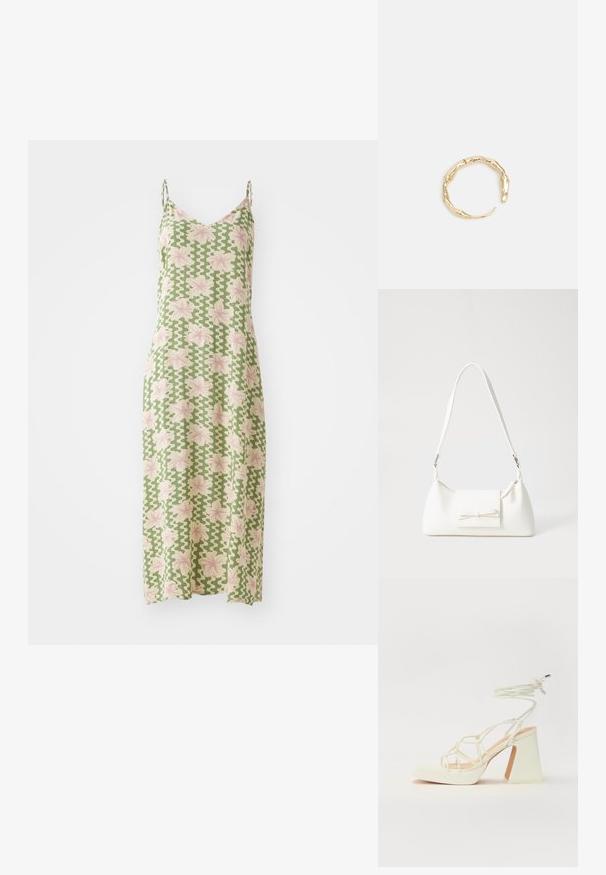 Zaļgans bez Piedurknēm kleita ar rozā ziedu rakstu, ar V veida izgriezumu un plūstošu siluetu. Izgatavota no viegla auduma.; Baltas augstpapēžu sandales ar masīvu papēdi, ar siksnu dizainu un potītes saistītiem elementiem. Gluda tekstūra ar platformu priekšpusē, lai nodrošinātu papildu augstumu.; Balta sintētiska soma ar trīsstūrveida formu, plakanu priekšējo vāciņu un loku detaļu, regulējamu siksnu, gludu tekstūru un minimālistisku dizainu.; Zelta toņa gredzens ar organisku, vērptu dizainu, gludu virsmu un sašaurinātiem galiem, radot mūsdienīgu, skulpturālu izskatu.