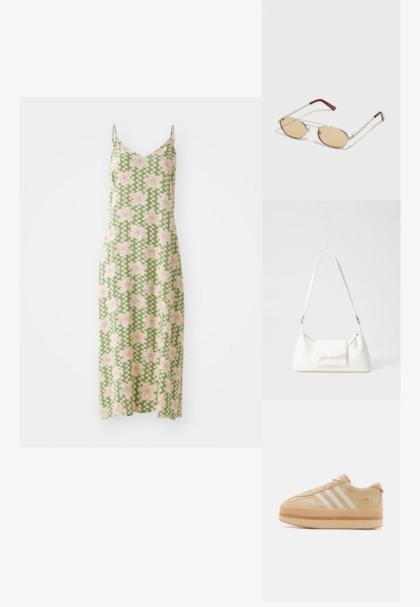 Zelené bezrukávové šaty s kvetinovým vzorom v ružovej farbe, s výstrihom do V a voľným strihom. Vyrobené z ľahkého materiálu.; Bežové semišové platformové tenisky s bielymi tromi pruhmi, okrúhlou špičkou a béžovou gumovou podrážkou s akcentom zlatého loga na boku.; Kovové slnečné okuliare s oválnymi, svetlohnedými tónovanými sklami. Úzky strieborný rám so štruktúrovanými akcentmi a červenohnedými koncami na ramenách.; Biela syntetická kabelka s trojuholníkovým tvarom, plochým predným klapkou a detailom mašle, nastaviteľným popruhom, hladkou textúrou a minimalistickým dizajnom.