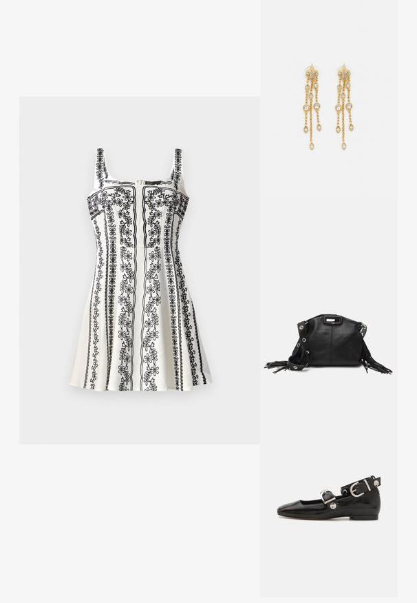 Abito senza maniche in bianco e nero con ricami floreali intricati, corpino aderente e gonna ampia. Tessuto testurizzato con zip.; Scarpa flat in vernice nera con punta quadrata, cinturino alla caviglia con hardware in argento e suola piatta. Texture liscia con design minimalista.; Maje MISS MINI - Borsa a tracolla - noir; Orecchini dorati con molteplici catene a cascata, dotati di accenti in strass ovali trasparenti e parte superiore decorativa a perno.