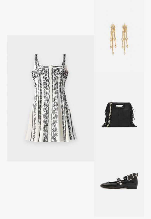 Črno-bela brezrokavna obleka z zapletenim cvetličnim vezenjem, prilegajočim se trupom in razširjenim krilom. Strukturirana tkanina z zadrgo.; Črne lakaste balerinke s kvadratnim prstom, trakovi okrog gležnja z zlatimi dodatki in ravnim podplatom. Gladka tekstura z minimalističnim dizajnom.; Črna usnjena ročna torba z detajli fringa, zlatim verigo za rame in izrezanim ročajem. Na sprednji strani je nameščen logotip.; Zlato-tonirane uhane z več kaskadnimi verigami, ki vključujejo prozorne ovalne kamenčke in okrasne zgornje dele.