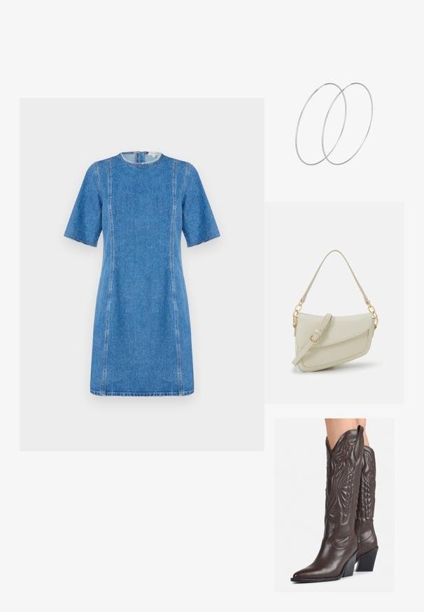 Kergelt siniseks teksakleit lühikeste varrukatega, ümmarguse kaelusega ja kontrastsete õmblustega. Omab sirget siluetti ja keskmise reie pikkust.; Pruunid nahast cowboy saapad terava varbaga ja plokk-kandaga, millel on detailne tikand ja kergelt tõstetud aktsendid varrel.; Väike kreemjas käekott tekstureeritud viimistlusega, pikendatav rihm, ketiläbimõõt ja klapiga sulgemine. Kuldsed metalldetailid.; Hõbedased rõngastikkaehingad minimalistlikus disainis. Ümar kuju, sile tekstuur ja õhuke profiil. Kerged ning poleeritud viimistlusega.