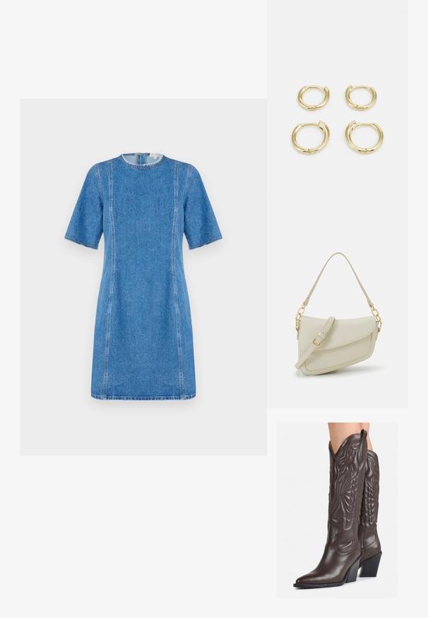 Gaiši zils džinsu kleitas modelis ar īsām piedurknēm, apaļu dekoltē un kontrastējošu dūri. Piedāvā taisnu siluetu un vidēja garuma līdz augšstilba vidum.; Brūni ādas kovboju zābaki ar norādītu purngalu un blokveida papēdi, ar detalizētu šūšanu un paceltiem akcentiem uz kājas daļas.; Maza krēmkrāsas rokas soma ar teksturētu apdari, garu regulējamu siksniņu, ķēdes akcentu un vāciņa aizdari. Zelta aparatūras detaļas.; Zelta gredzenu auskari, četri gabali, gluda virsma, noapaļota forma, dažādu izmēru, ar eņģu aizdari ērtai valkāšanai.