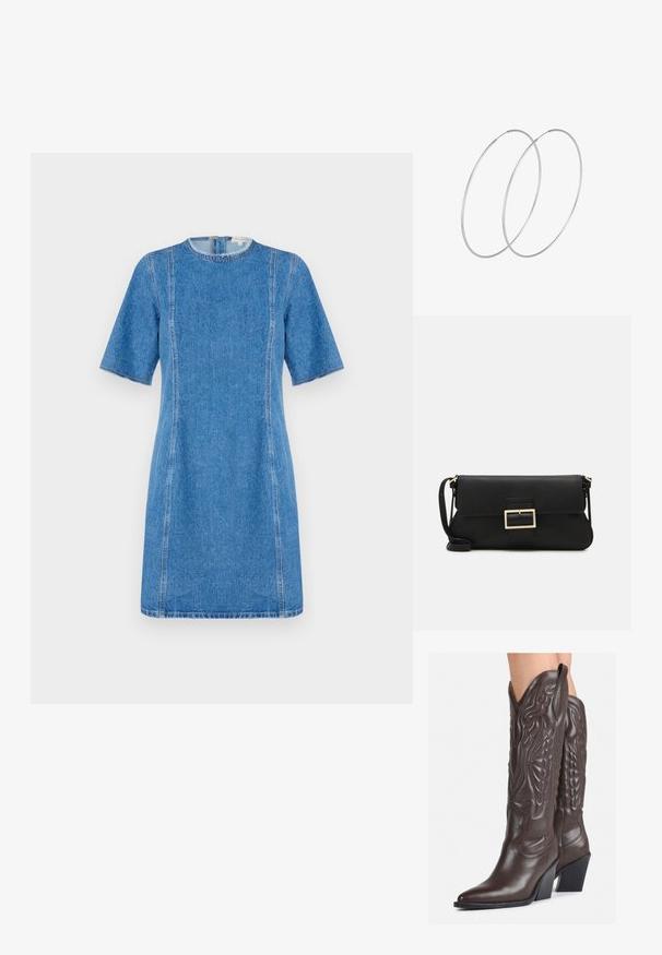 Denim obleka v svetlo modri barvi s kratkimi rokavi, okroglim izrezom in kontrastnim šivanjem. Ima ravno silhueto in dolžino do sredine stegen.; Rjave usnjene kavbojske čevlje z ostrim nosom in blok peto, ki vsebujejo podrobno šivanje in dvignjene dodatke na zgornjem delu.; Črna usnjena torbica na preklop z zlato kovinsko zaponko. Vključuje črn trak in eleganten, minimalističen dizajn.; Srebrne uhane v obliki obroča z minimalističnim dizajnom. Krožna oblika, gladka tekstura in tanek profil. Lahki s poliranim zaključkom.