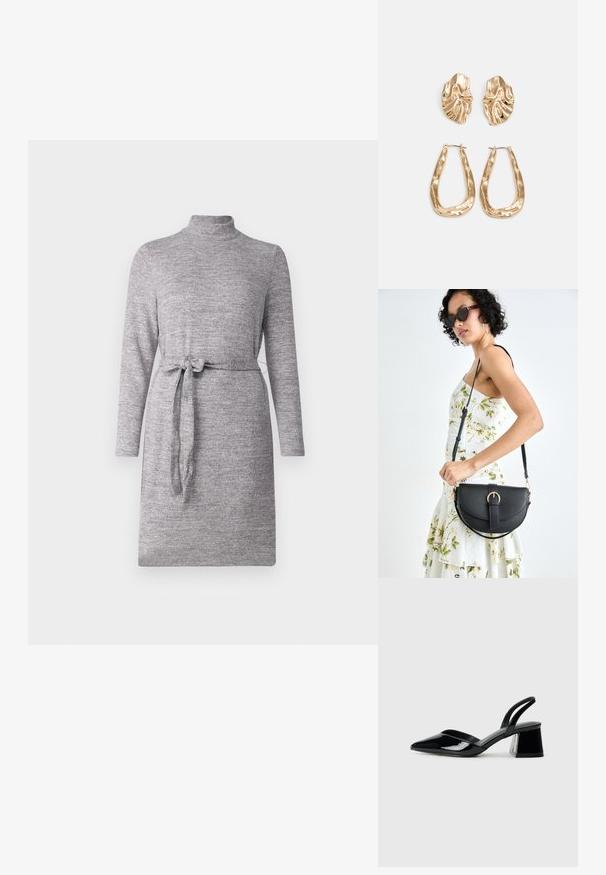 Siva pletena obleka z visokim ovratnikom, dolgimi rokavi in pasom, ki se zaveže. Gladka tekstura in enotna barva brez vzorcev.; Črne lakirane slingback pete s koničastim nosom in geometrijsko blokasto peto. Imajo eleganten, minimalističen dizajn in gladko teksturo.; Črna usnjena torbica s ukrivljeno obliko, z odstranljivo naramnico in zlatimi dodatki. Torbica ima pokrov s podrobnostmi v obliki zaponke.; Zlato obarvani uhani z teksturiranimi, valovitimi oblikami. Vključujejo skulpturalne sponke za ušesa in odprto obliko obročka s kladivastim finišem.