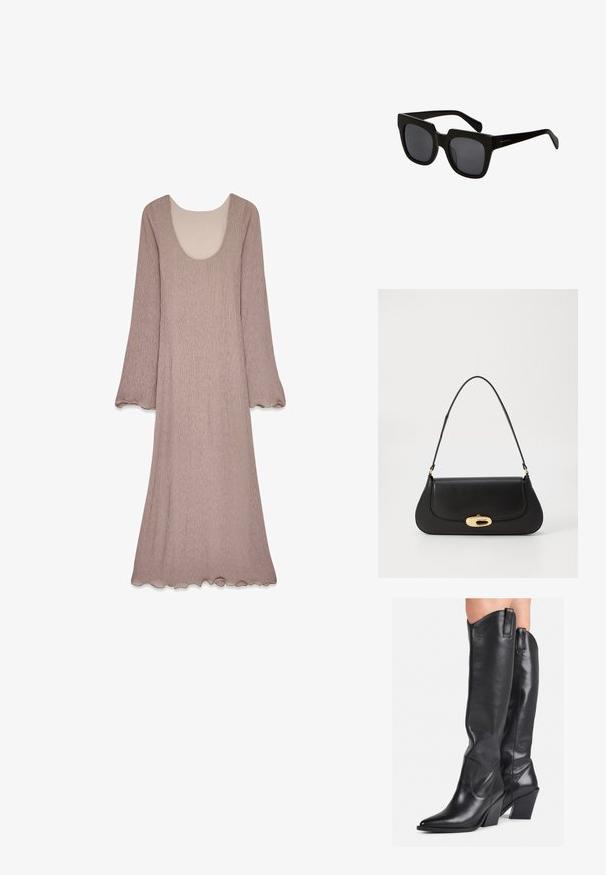 Largo vestido de color malva hecho de una tela texturizada que presenta un amplio escote en forma de barco y mangas acampanadas, con un detalle de dobladillo en forma de ondas.; Botas de cuero negras hasta la rodilla con puntera puntiaguda, caña curvada y tacón grueso. Presentan una textura suave y tiradores en la parte superior.; Gafas de sol rectangulares negras con montura de plástico grueso y lentes oscuros. Las varillas son elegantes con un acabado brillante y una marca mínima.; Bolso de mano de cuero negro con un diseño curvado, herrajes en tono dorado y un mango superior. Presenta un cierre elegante y una textura suave.