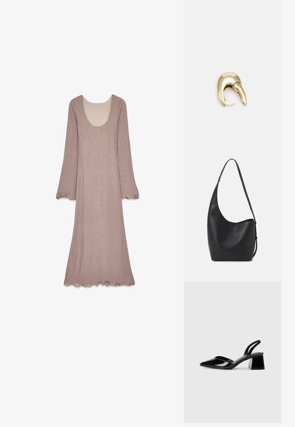 Robe longue mauve en tissu texturé avec un large décolleté en scoop et des manches évasées, dotée d'un ourlet festonné.; Escarpins en cuir verni noir avec bout pointu et talon bloc géométrique. Présente un design élégant et minimaliste ainsi qu'une texture lisse.; Sac hobo en cuir noir avec une texture lisse, une forme incurvée et une seule sangle réglable ; dispose d'une large ouverture en haut.; Boucle d'oreille en métal doré avec un design élégant et courbé. Présente une forme conique distinctive, une surface polie et une fermeture à charnière.