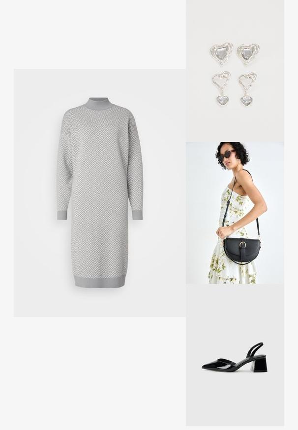 Gaiši pelēka adīta kleita ar ģeometrisku rakstu, augstu apkakli, garām piedurknēm un ribotām malām. Mīksta tekstūra.; Melna lakota āda ar atvērto papēdi, ar smailu purngalu un ģeometrisku blokpapēdi. Iezīmējas elegants, minimāls dizains un gluda tekstūra.; Melnas ādas rokassoma ar izliekta formu, noņemamu siksnu un zelta aksesuāriem. Somai ir vāciņš ar sprādzes detaļu.; Sudraba sirds formas auskari ir rotāti ar daudzšķautņainiem caurspīdīgiem akmeņiem un ar teksturētu rāmi. Komplektā iekļauti gan pērlīšu, gan pilienu stili.