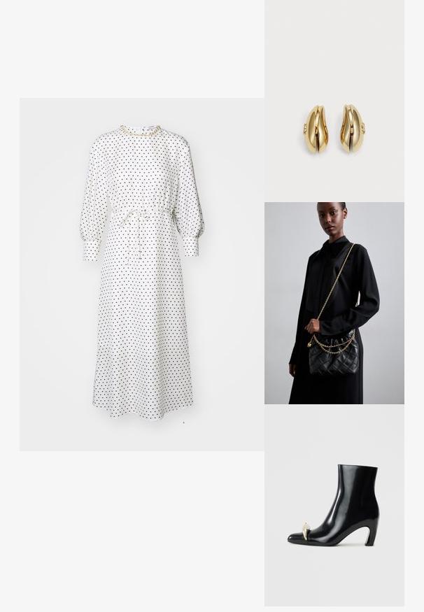 Valge täpiline midi kleit pikkade puhvärvlitega, kitsas talje ja sidumisdetail. Pehme kangas, lõdvem lõige, ümmargune kaelus, minimaalne riistvara.; Must musta, läikiva nahast, terava varbaga ja dekoratiivse kullast ja hõbedast aktsendiga esiosas. Blokeeritud kontsa disain.; Must mustriga mustriga nahk käekott koos kogutud tipuga, kuldne ahel ja ristkülikuline kuju, hoitakse lihtsa tausta vastu.; Kuldtooni kõrvarõngad voolava ja kõvera disainiga. Igal kõrvarõngal on sile pind ja väike klamber dekoratiivse detailiga.