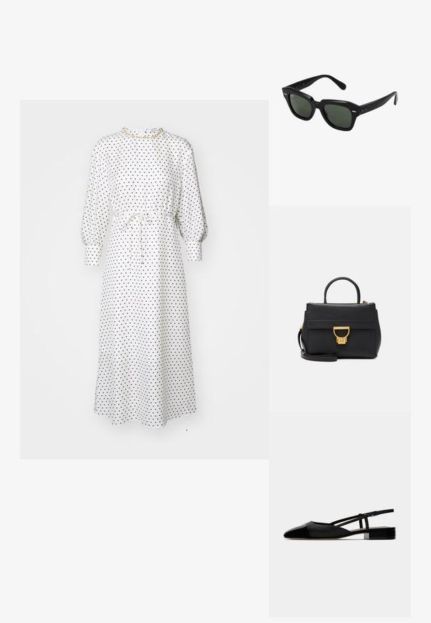 Weißes Midikleid mit weißen Punkten, langen Puffärmeln, tailliertem Bund und Bindeband. Weicher Stoff, locker geschnitten, runder Ausschnitt, minimale Hardware.; Schwarze Leder-Slingback-Ballerinas mit spitzem Zehenbereich, geschlossenem Vorderbereich und verstellbarem Knöchelriemen. Mit einem niedrigen, quadratischen Absatz. Glatte Textur.; Schwarze quadratische Sonnenbrillen mit dunkelgrünen Gläsern, ausgestattet mit markanten Rahmen und silbernen Akzenten an den Seiten. Hergestellt in Italien.; Schwarze Lederhandtasche mit goldenen Beschlägen, strukturiertem Design, Oberhandgriff, abnehmbarem Schultergurt und einer Vorderklappe mit Schnappverschluss.