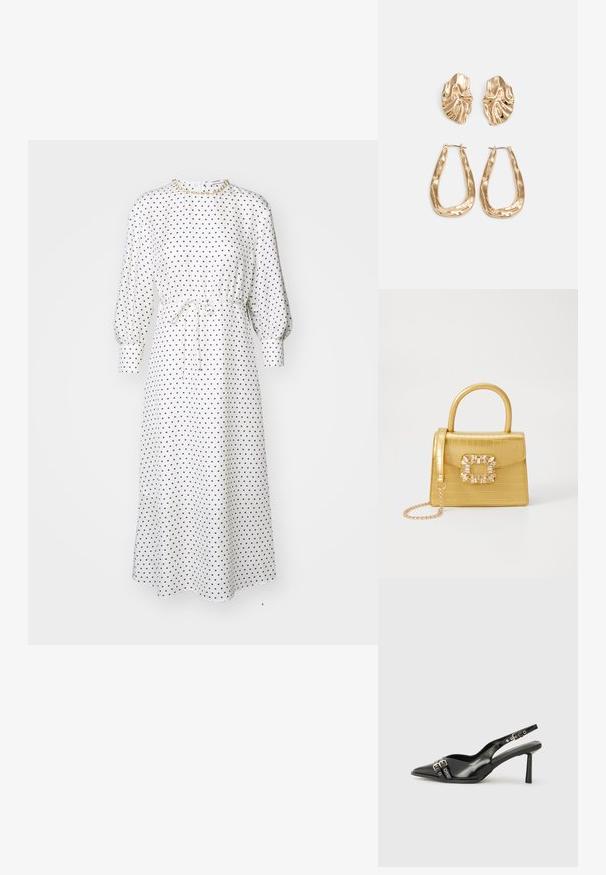 Biała midi sukienka w kropki z długimi bufkami, talią ściągniętą i wiązaniem. Miękka tkanina, luźny krój, okrągły dekolt, minimalne akcesoria.; Czarne lakierowane buty typu slingback z ostrym noskiem, paskami na kostkach z srebrnymi klamrami i elementami metalowymi oraz smukłym obcasem.; Żółta torebka z faux-krokodylka o wyrafinowanej konstrukcji, z górnym uchwytem, odpinanym łańcuszkiem oraz dekoracyjnym kryształowym zdobieniem na zapięciu.; Złote kolczyki w odcieniu, prezentujące teksturowane, faliste kształty. Zawierają rzeźbiarskie klipsy i otwarty projekt kółek z młotkowanym wykończeniem.