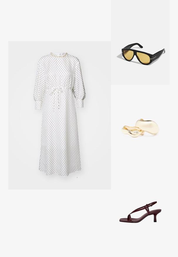 Biała midi sukienka w kropki z długimi bufkami, talią ściągniętą i wiązaniem. Miękka tkanina, luźny krój, okrągły dekolt, minimalne akcesoria.; Burgundowe sandały na wysokim obcasie z kwadratowym noskiem, smukłymi paskami i zapięciem na kostce. Gładka skórzana faktura i smukły, blokowy obcas.; Czarne okulary przeciwsłoneczne z geometrycznym wzorem, żółtymi soczewkami i złotymi akcentami na zausznikach. Gładka tekstura, szeroki kształt, nowoczesny design.; Złote kolczyki o organicznym, fasolowym kształcie i gładkiej, refleksyjnej powierzchni; cechują się minimalistycznym designem bez widocznych elementów mocujących.