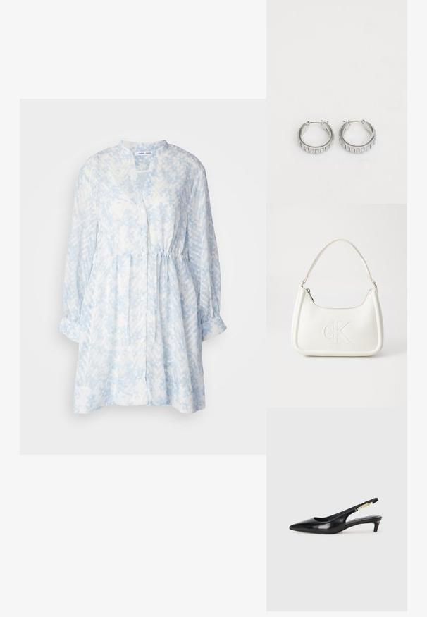 Samsøe Samsøe AMELIE DRESS - Marškininė suknelė - light blue; Juodas odinis pavasario batelių modelis su smailiu nosiu, turintis siaurą kulniuką ir auksinės spalvos akcentu reguliuojamoje juostoje. Lygi tekstūra.; Balta odinė rankinė su išlenkta forma, su reljefiniu "CK" logotipu priekyje ir viena petneša. Užtrauktuko uždarymas viršuje.; Sidabrinės auskarų žiedai su tekstūruotu dizainu, turinčiu vertikalias briaunas. Apskritimo forma su saugiu užraktu. Lygi apdaila.