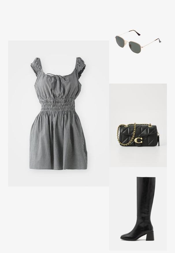 Rochie gingham alb-negru cu talie elastică, mâneci fluture și decolteu rotund. Prezintă o fustă plisată pentru o ajustare lejeră.; ONLY SHOES ONLBIJOU KNEE HIGH BOOT - Cizme - black; Ochelari de soare cu ramă din metal auriu și lentile de culoare verde închis, stil aviator, cu brațe subțiri și accente din fâscă pe vârfuri.; Poșeta neagră din piele matlasată cu o curea din lanț auriu și un închizător cu toggle care are un accent circular. Formă compactă și rectangulară.