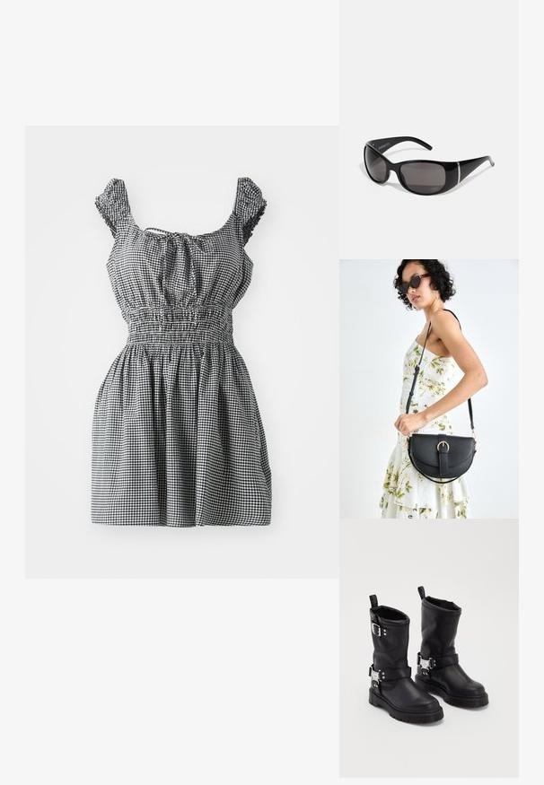 Vestido de gingham preto e branco com cintura franzida, mangas leves e decote arredondado. Apresenta uma saia franzida para um ajuste solto.; Botas de tornozelo em couro preto com sola robusta, apresentando uma fita de fivela lateral e detalhes decorativos. Textura suave com uma alça de puxar.; Óculos de sol pretos com armações de plástico brilhante, lentes cinza em degradê e detalhes em tom prateado nas laterais. Design elegante e curvo.; Bolsa de couro preta com forma curva, alça destacável e detalhes em dourado. A bolsa possui uma aba com detalhe de fivela.