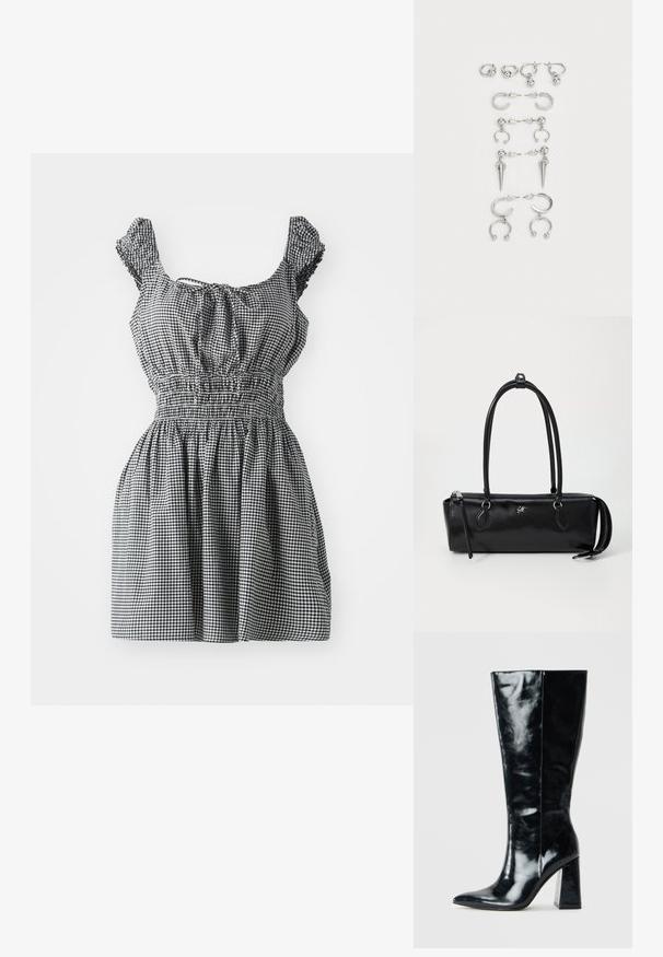 Fekete-fehér kockás ruha smockolt derékkal, fodros ujjal és kerek nyakkivágással. Rugalmas szoknyát tartalmaz, amely laza illeszkedést biztosít.; Fekete, magas csizma fényes bőrből, hegyes orral és sima textúrájú, vastag geometrikus sarokkal.; Fekete bőr kézitáska téglalap alakú, sima textúrával, két fogantyúval, cipzáros záródással és egy kis logóval az elején.; Ezüst fülbevalók készlete, különböző dizájnokkal: karikák, bedugós fülbevalók és lógó stílusok, golyós díszítésekkel és hegyes elemekkel.