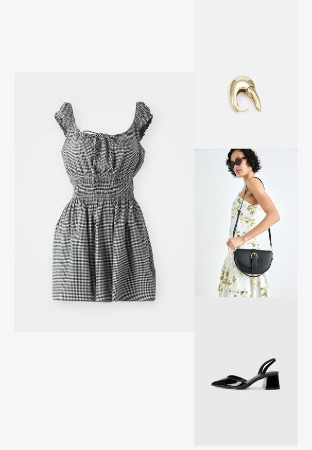 Melnbalto rūtiņu kleita ar smalcinātu jostasvietu, plandošām piedurknēm un apaļu kakla izgriezumu. Iespējas iestrēgtā apakšdaļa, nodrošinot brīvu piegriezumu.; Melna lakota āda ar atvērto papēdi, ar smailu purngalu un ģeometrisku blokpapēdi. Iezīmējas elegants, minimāls dizains un gluda tekstūra.; Melnas ādas rokassoma ar izliekta formu, noņemamu siksnu un zelta aksesuāriem. Somai ir vāciņš ar sprādzes detaļu.; Zeltīti metāla auskari ar gludu, izliekta dizaina. Ar atšķirīgu smailu formu, pulētu virsmu un eņģu aizdari.