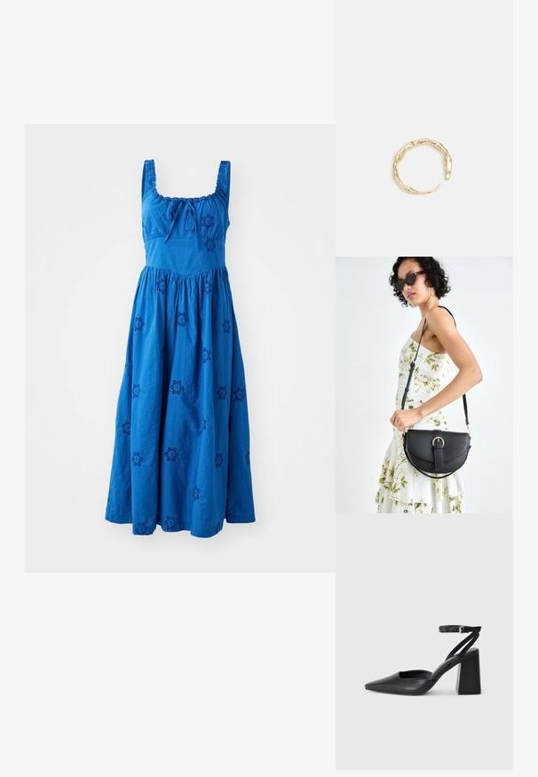 Ärmelloses blaues Baumwollkleid mit einem gerafften Rock, das mit gestickten dunkelblauen Blumenmustern und einer Bindedetail am Ausschnitt versehen ist.; Schwarze Leder-Pumps mit spitzer Zehe, einem Knöchelriemen und einem blockigen Absatz. Flache Textur, elegantes Design und minimalistische Ästhetik.; Schwarze Lederhandtasche mit geschwungener Form, abnehmbarem Tragegurt und goldenen Beschlägen. Die Tasche verfügt über einen Deckel mit einer Schnallen-Details.; Goldfarbener Ring mit einem organischen, gedrehten Design, glatter Oberfläche und sich verjüngenden Enden, was ein modernes, skulpturales Erscheinungsbild erzeugt.