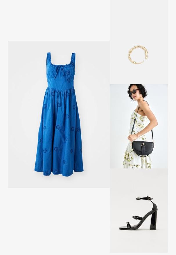 Mėlynas be rankovių medvilninis suknelė su susirinkusia sijono dalimi, dekoruota tamsiai mėlynais išsiuvinėjimais gėlių raštais ir kaspinu kaklo srityje.; Juoda blizgi lakuota basutė su kvadratiniu pirštu, kulkšnies dirželiais ir sidabro sagtimis. Yra tvirta blokinė kulno konstrukcija, užtikrinanti stabilumą.; Juodas odinis krepšys su išlenkta forma, nuimamu dirželiu ir auksiniais detalėmis. Krepšys turi kilpą su sagtimi.; Auksinės spalvos žiedas, turintis organišką, sukimosi dizainą su lygiu paviršiumi ir siaurėjančiais galais, sukuriantis modernią skulptūrinę išvaizdą.