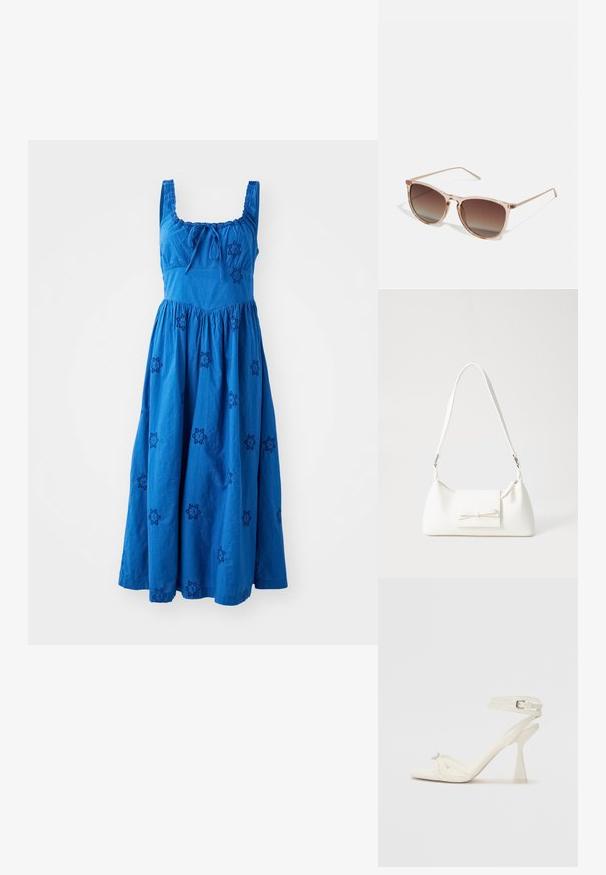 Varrukata sinine puuvillane kleit kogutud seelikuga, millel on tume sinine õmmeldud lillemuster ja sidumisdetail kaeluses.; Köitmine kõrge kontsaga sandaal valgest nahast, millel on stiilne disain, läbipaistev plokk-konts ja dekoratiivne element varvaste juures.; Prunade gradientiga prillid koos poolka sellest roosast raamistikust, ruudukujulised ning õhukeste metallist kätega. Omab ümarate servadega ja minimaalset detailide taset.; Valge sünteetilisest materjalist kott kolmnurkse kujuga, lame esiklapiga ja kaaredetailiga, reguleeritava rihmaga, sileda tekstuuriga ja minimalistliku disainiga.