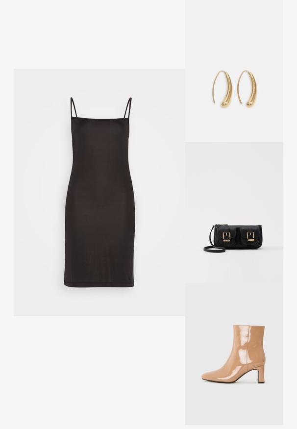 Melnas slīdošas kleitas ar plānām spageti siksnām, kas izgatavota no gludas auduma, ar pieguļošu siluetu, kas krīt tieši virs ceļgaliem.; Nedabīgas patentētas potīšu kurpes ar norādītu purngalu, spīdīgu apdari un vidēja augstuma bloku papēdi. Gluda tekstūra un eleganta siluets.; Melnas ādas crossbody soma ar divām priekšējām kabatām, zelta sprādzēm, ar rāvējslēdzēju aizdari un šauru siksnu. Strukturēta virsma un kompakta taisnstūra forma.; Zelta toņu metāla gredzena auskari ar izliektu, pagarinātu formu. Ar gludu, spīdīgu virsma un noapaļotu galu papildu detaļām.