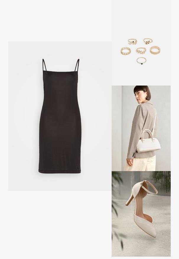 Čierne šaty bez rukávov s tenkými ramienkami, vyrobené z hladkého materiálu, s priliehavým strihom, ktorý siaha tesne nad kolená.; Biele vysoké lodičky z hladkého materiálu s špicatou špičkou a členkovým remienkom. Majú svetlohnedý interiér a akcenty v zlatej farbe.; Biela štruktúrovaná kabelka s krátkymi rúčkami a ramenným popruhom, s zlatými kovovými prvkami a textúrovaným materiálom, vystavená na šedom pozadí.; Sada šiestich zlatých prsteňov s rôznymi dizajnmi: pletené, s listovými motívmi a masívne prstene; niektoré s akcentmi zelených drahokamov.