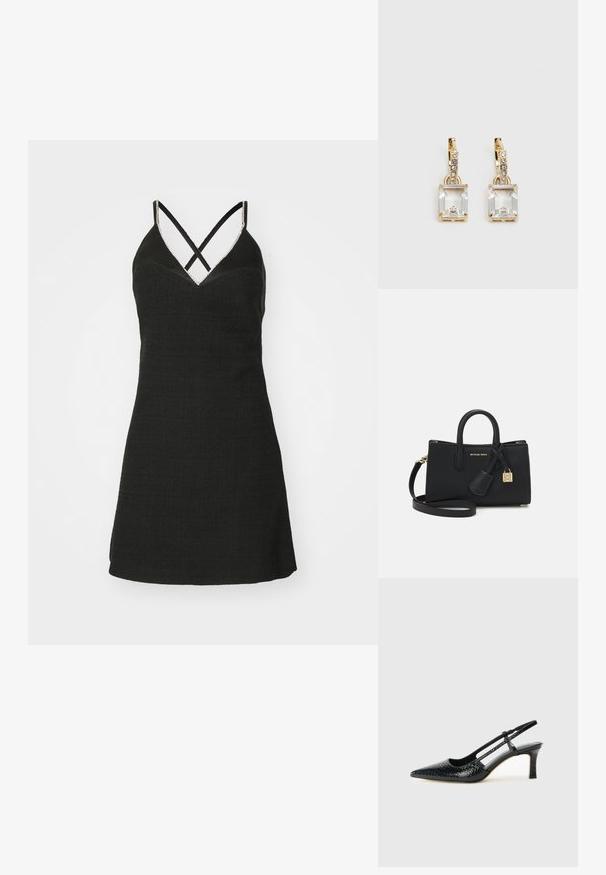 Svart kjole med teksturert stoff, V-hals og kryssede stropper. Den har en tettsittende liv og en vid skjørt.; Sorte patent slingback hæl med spids tå, featuring tekstureret slangeskind, justerbar rem og en kort, tekstureret blokhæl.; Svart lær veske med en strukturert design, topphåndtak og et avtakbart skulderrem. Har gullfarget hardware og et logoanheng.; Gullfargede øreringer med en rektangulær, klar krystall som henger under en rad av små, runde klare akenter. Elegante, moderne design.