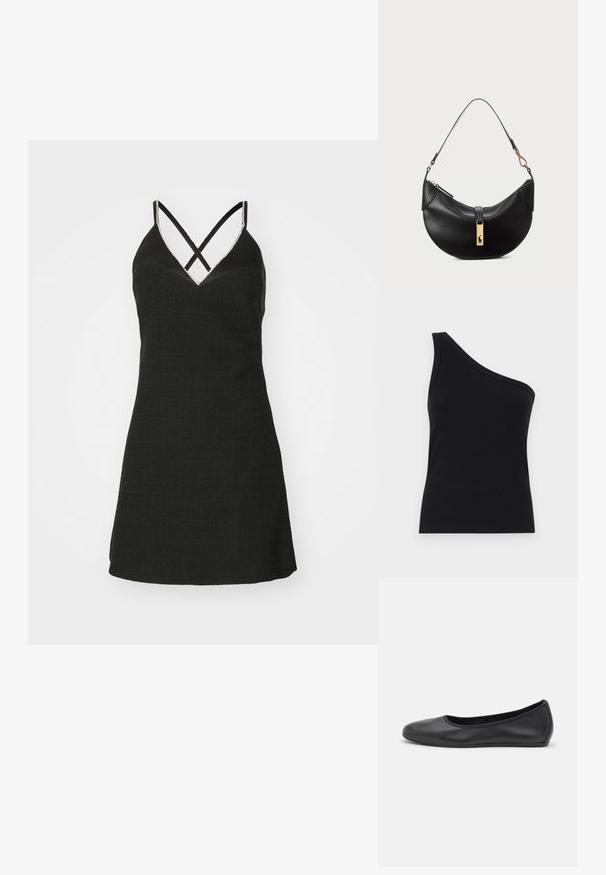 Rochie neagră cu un material texturat, decolteu în V și bretele încrucișate. Are un corset ajustat și o fustă evazată.; Top tank din material ribbed, negru, cu un umăr, cu un design ajustat și o textură moale. Prezintă o croială curată și minimă, cu o linie de gât fină.; Balerini din piele neagră, cu vârf rotund, textură netedă, detalii de cusătură minimale și un design al tălpii flexibil.; Geantă de piele neagră în formă de jumătate de lună. Dispune de un accent din metal auriu și o curea îngustă. Textură netedă, închidere cu fermoar în partea de sus.