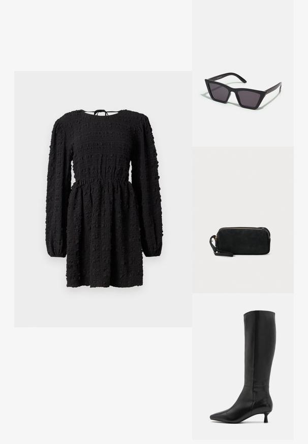 Robe noire à manches longues, taille froncée, tissu texturé avec un motif en grille, et un col arrondi. Liens au dos.; Zign Bottes - black; Lunettes noires angulaires avec des verres gris ; fabriquées en plastique, avec des branches épaisses à la surface lisse et sans matériel visible.; Pochette en daim noir avec une fermeture éclair et une bandoulière amovible. Dotée de quincaillerie dorée et d'une texture lisse et mate.