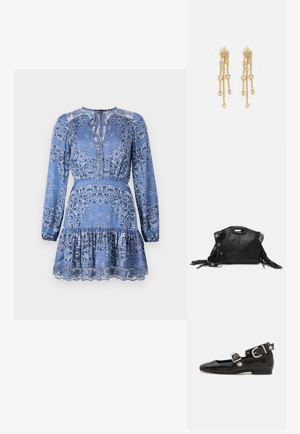 Maje RIBLUETTE - Dnevna obleka - blue; Črne lakaste balerinke s kvadratnim prstom, trakovi okrog gležnja z zlatimi dodatki in ravnim podplatom. Gladka tekstura z minimalističnim dizajnom.; Maje MISS MINI - Torba čez telo - noir; Zlato-tonirane uhane z več kaskadnimi verigami, ki vključujejo prozorne ovalne kamenčke in okrasne zgornje dele.