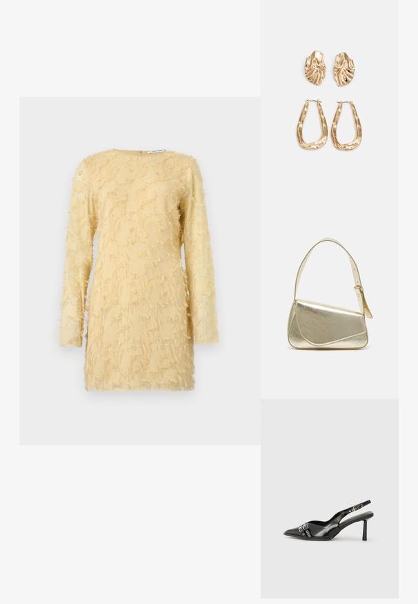 Kollane kleit pikade varrukatega, tekstuuriga kangas, millel on kogu ulatuses ära friteeritud detailid. Ümar kaelus ja seljaosa tõmblukuga sulgemine.; Must musta nahk kingad sanga ja terava ninaga, ankle strapidega, millel on hõbedased pandlad ja riistvara ning õhuke konts.; Kuldmetallist käekott, millel on struktureeritud disain, sile tekstuur ja reguleeritav rihm. Omab ainulaadset kolmnurkset kuju ja minimalistlikku õmblust.; Kuldse värvi kõrvarõngad, mis on kaunistatud tekstuursete ja laineliste kujunditega. Komplektis on skulpturaalsed klamber kõrvarõngad ja avatud rõngasdisain, millel on lõhestatud viimistlus.