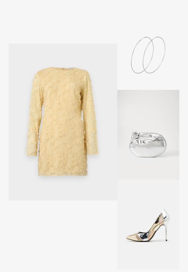 Kollane kleit pikade varrukatega, tekstuuriga kangas, millel on kogu ulatuses ära friteeritud detailid. Ümar kaelus ja seljaosa tõmblukuga sulgemine.; Kitsas toe kõrge kontsaga kingad, millel on hõbedane, kuldne ja nude värvilahendus. Läikiv viimistlus lõikekujundusega, stiletto konts.; Hõbedane metallikoti kott pehme, ümar kuju ja sõlme ülemise sulgemisega. Valmistatud siledast kunstnahast materjalist.; Hõbedased rõngastikkaehingad minimalistlikus disainis. Ümar kuju, sile tekstuur ja õhuke profiil. Kerged ning poleeritud viimistlusega.