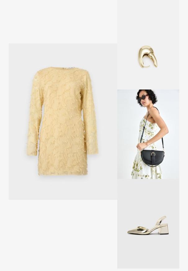 Kollane kleit pikade varrukatega, tekstuuriga kangas, millel on kogu ulatuses ära friteeritud detailid. Ümar kaelus ja seljaosa tõmblukuga sulgemine.; Kuldne, metallilised slingback-kudumid terava varba ja paksu kontsaga. Sile tekstuur, minimalistlik disain ja kitsas rihm.; Mustmust mustraha kõverate joontega, eemaldatava rihmaga ja kuldsete detailidega. Kotil on klapp, millel on pandladetail.; Kuldtooni metallist kõrvarõngas, millel on elegantne ja kaarjas disain. Omab silmapaistvat teravat kuju, poleeritud pinda ja hingesulgemist.