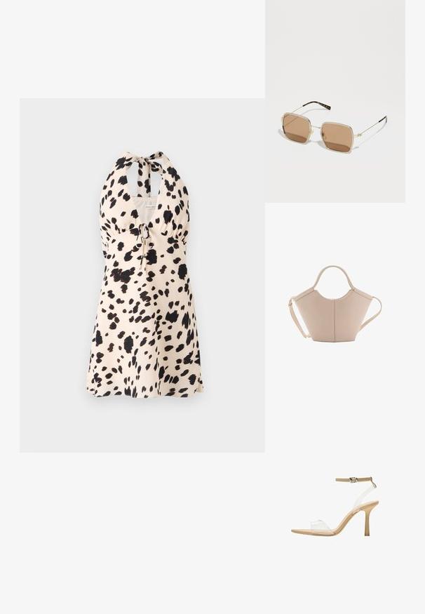 Halterska obleka v svetlem bež odtenku s črnimi pikami; ima vrvico v pasu za prilagodljivo prilegajoče.; Sandal z jasnim petnikom s prozornim zgornjim delom, bež podplatom in sivim trakcem okoli gležnja. Ima koničast nos in tanek visoki petek.; Zlate kovinske sončne očala s kvadratno obliko, rjavo obarvanimi lečami in subtilnimi zelenimi ter rdečimi poudarki na okvirju. Tanke, elegantne roke.; Bežna usnjena torbica edinstvene oblike, z dvema kratkima ročajema in dolgim nastavljivim trakom. Gladka tekstura z minimalno kovinsko opremo.