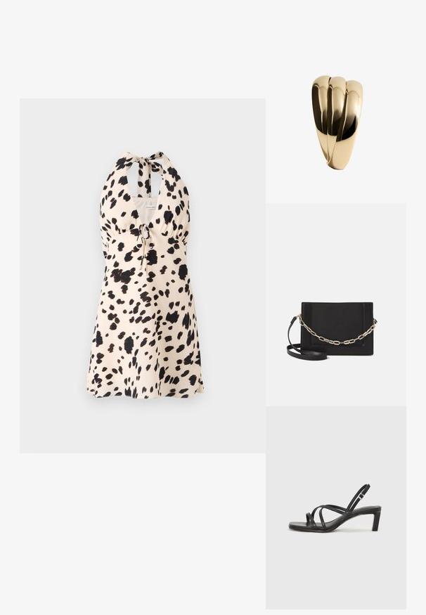 Halterneck šaty v svetlo béžovej farbe s čiernym bodkovaným vzorom; obsahujú šnúrku v páse pre nastaviteľné prispôsobenie.; Čierne sandále na vysokom podpätku so štvorcovou špičkou a nízkym blokovým podpätkom. Obsahujú viacero tenkých popruhov a nastaviteľný členkový popruh. Vyrobené z hladkej kože.; Čierna kožená crossbody taška s hladkou textúrou, obdĺžnikovým tvarom a kovovým reťazovým detailom na prednej strane. Súčasťou je nastaviteľný popruh.; Mango Náramok - gold-coloured