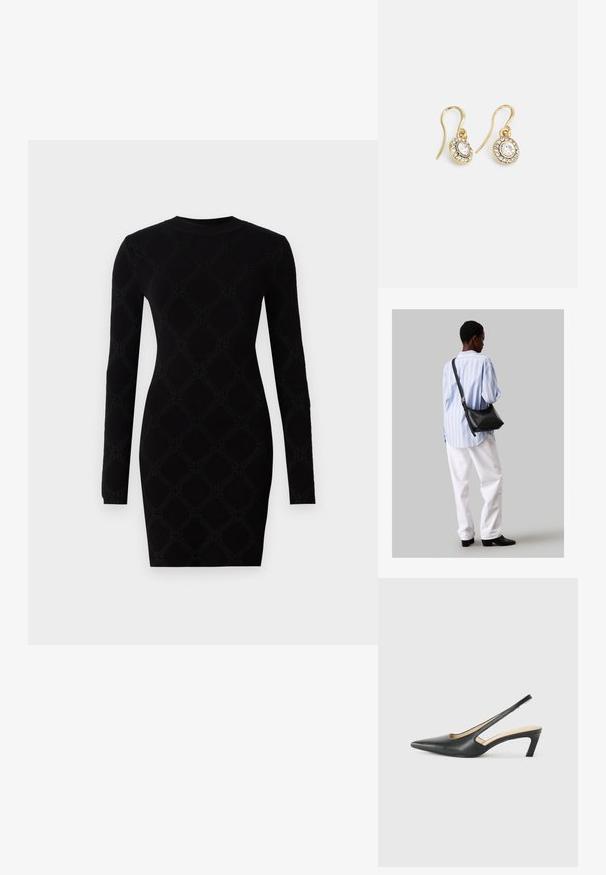 Čierne šaty s dlhým rukávom so štruktúrovaným vzorom s diamantovými tvarmi, vyrobené z elastického materiálu pre priliehajúci strih.; Čierne slingback topánky s ostrou špičkou a nízkym opätkom, vyrobené z hladkej kože a s výrezmi na boku pre lepšiu priedušnosť.; Čierna kožená ramenná taška so mäkkou textúrou, trojuholníkovým tvarom a nastaviteľným popruhom, skombinovaná s svetlomodrou pruhovanou košeľou a bielymi nohavicami.; Náušnice zlatého odtieňa s oválnymi čírymi kryštáli obklopenými menšími čírými kameňmi, s háčikovým dizajnom pre bezpečné nosenie.