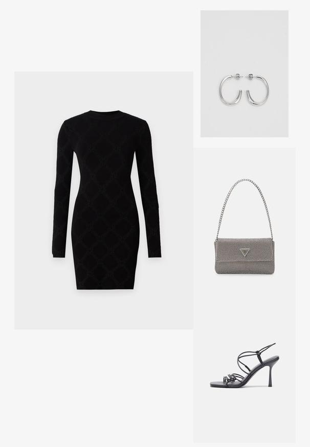 Vestido negro de manga larga con un patrón texturizado de formas de diamante, hecho de una tela elástica que proporciona una silueta ajustada.; Las sandalias negras de tacón alto presentan finas correas con un diseño anudado, una punta cuadrada suave y un elegante tacón de aguja.; Bolso de mano metálico gris claro con una cadena como asa, adornado con pequeños remaches metálicos circulares y un logotipo de marca en forma triangular.; Aros de plata en forma de aro con un acabado liso y brillante. Diseño redondeado y ligero, con cierre de tipo post-back.